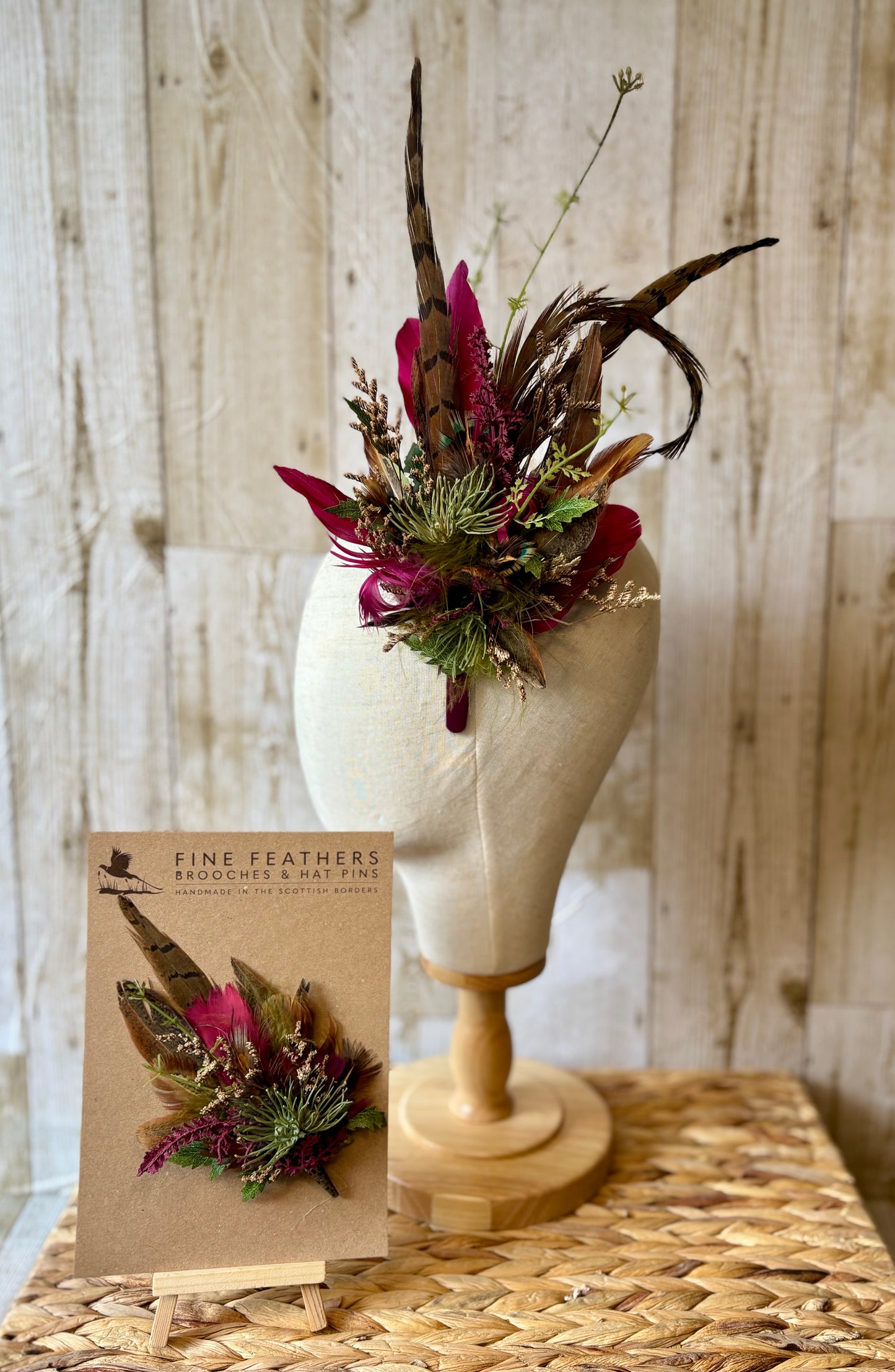 Fascinator & Matching Pin in Natural Pheasant, Burgundy & Green