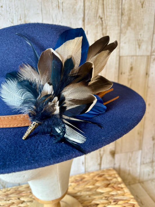 Hat Pin in Navy Blue & Mallard Feathers.
