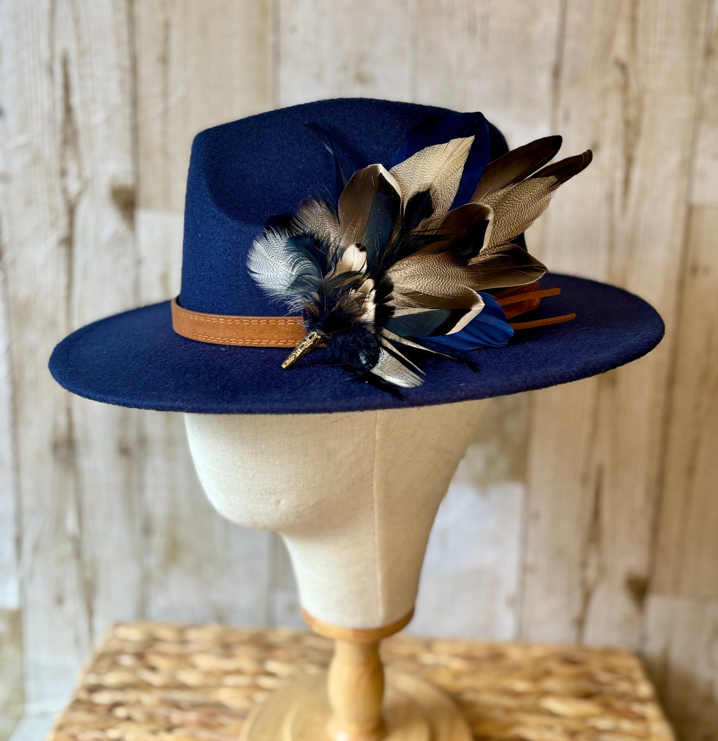 Hat Pin in Navy Blue & Mallard Feathers.