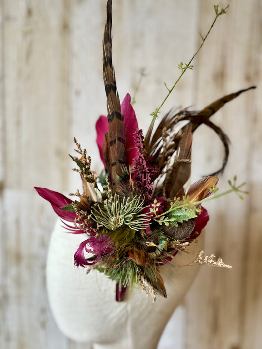 Fascinator & Matching Pin in Natural Pheasant, Burgundy & Green
