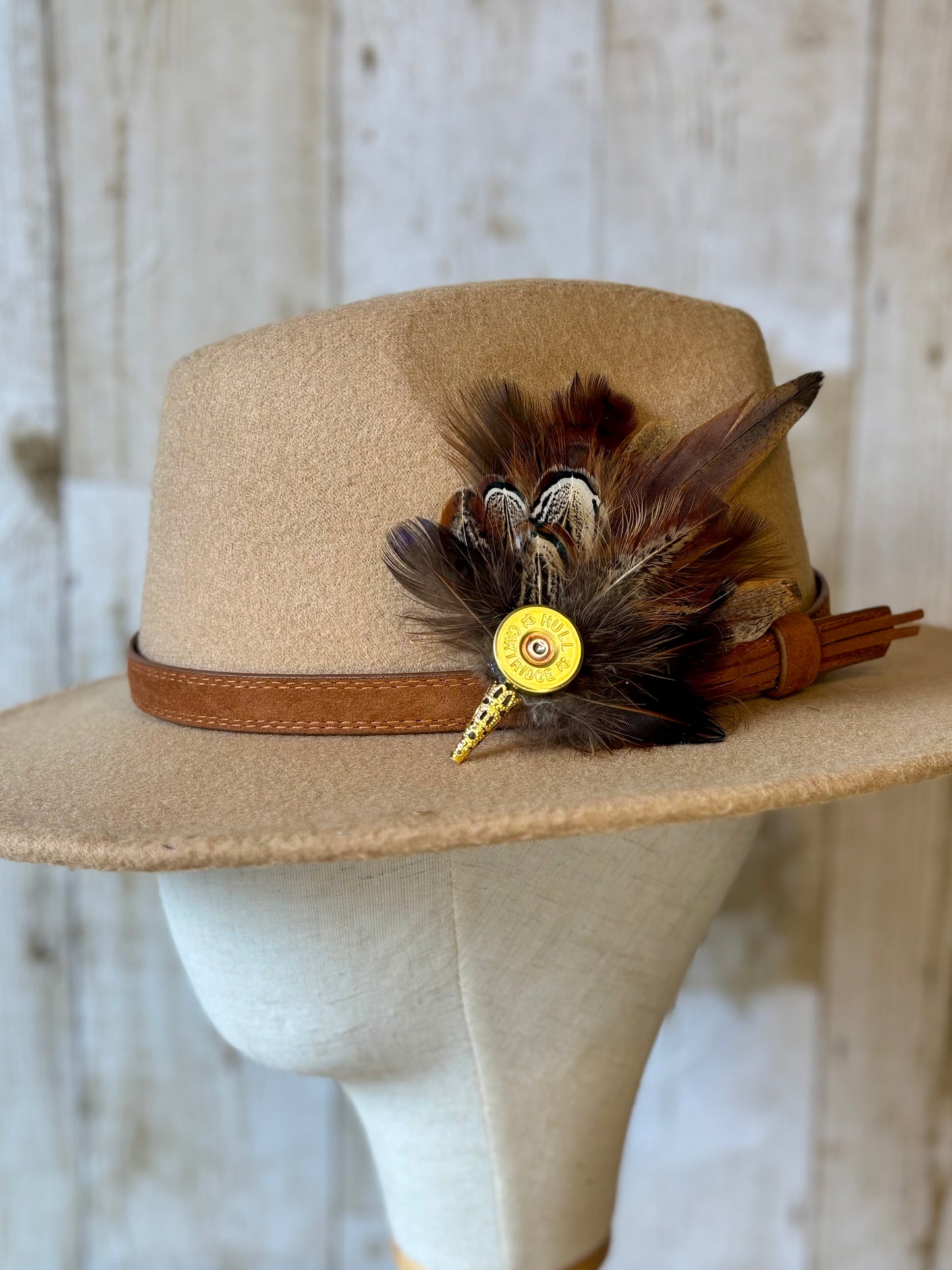 Pheasant Feather Pin with Cartridge End