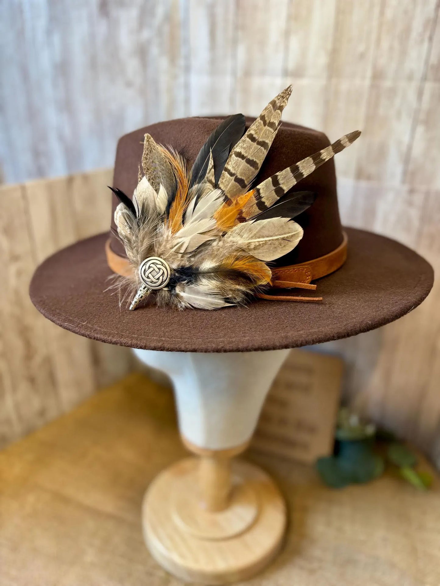 Bespoke Feather Hat Pin in natural pheasant feathers