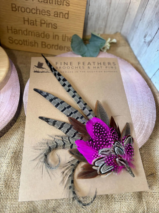 Feather Brooch or Hat Pin in natural pheasant and pink