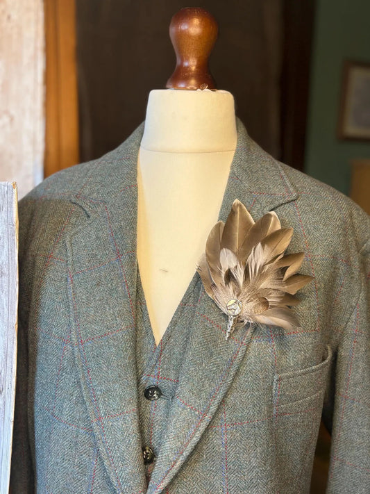 Feather Brooch or Hat Pin with duck feathers and horse button detail