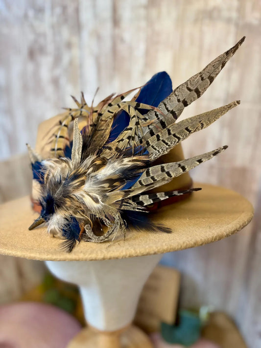 Feather Hat Pin in natural pheasant and navy blue