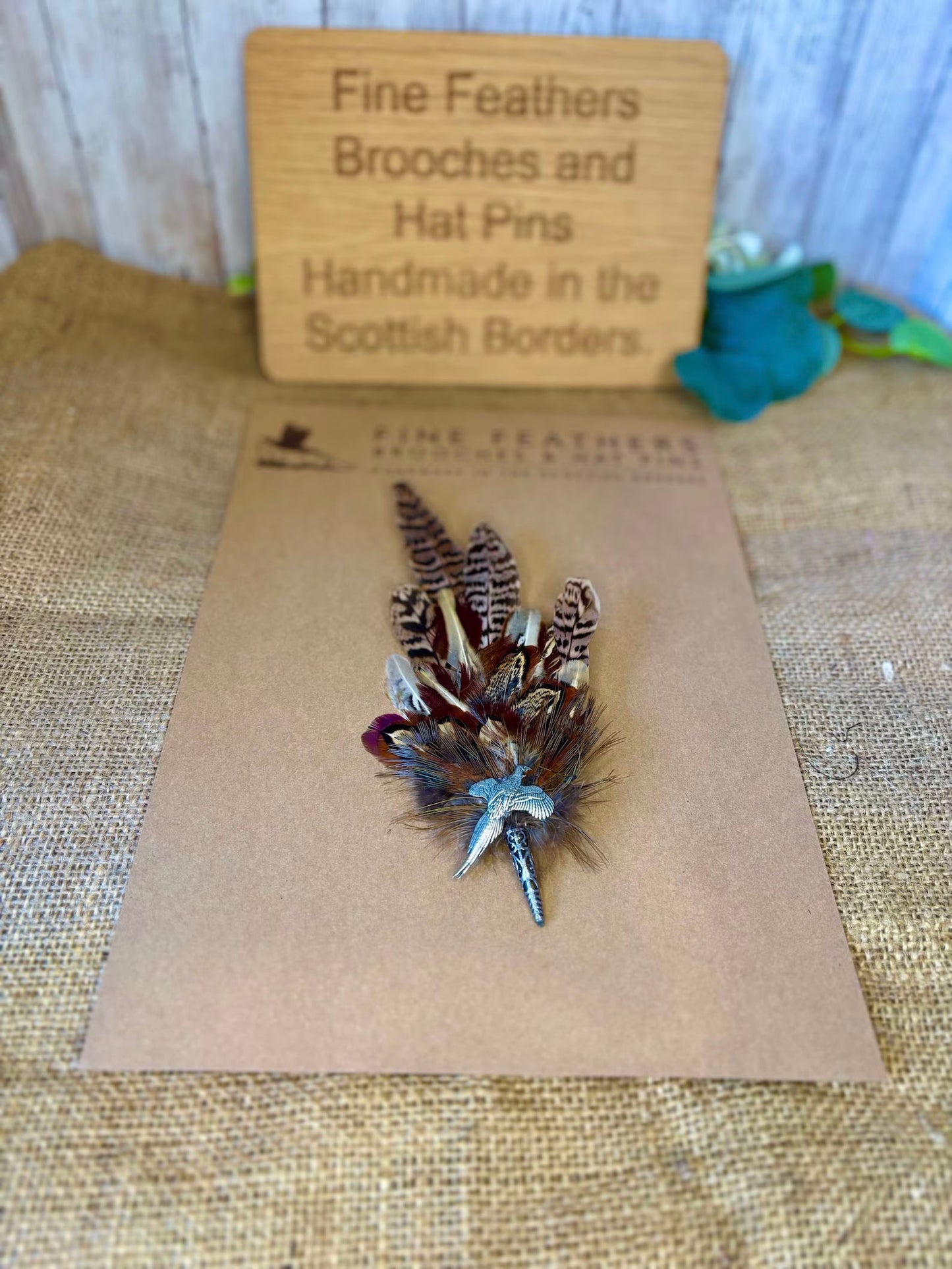 Feather Hat Pin in natural pheasant and pheasant pewter pin