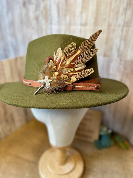Feather Hat Pin in natural pheasant and pheasant pewter pin