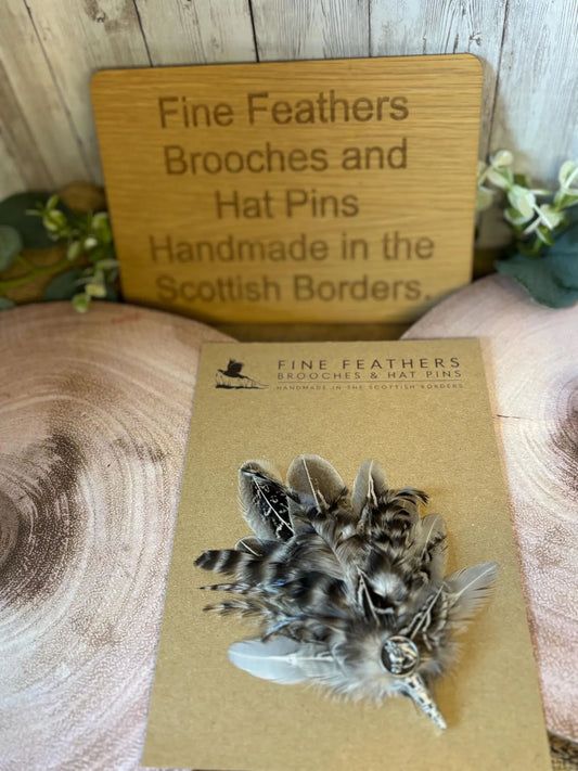 Feather Brooch or Hat Pin in grey and black with horse head button