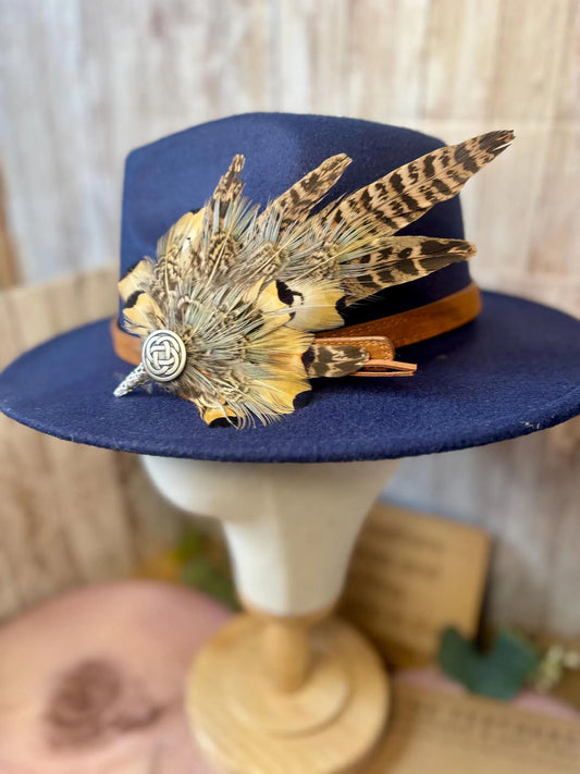 Feather Hat Pin in natural pheasant with Celtic button