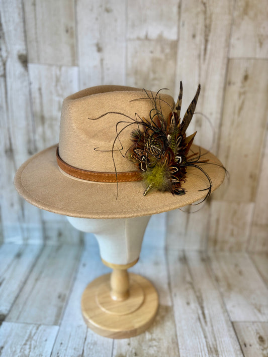 Pheasant feather hat pin with sage green.