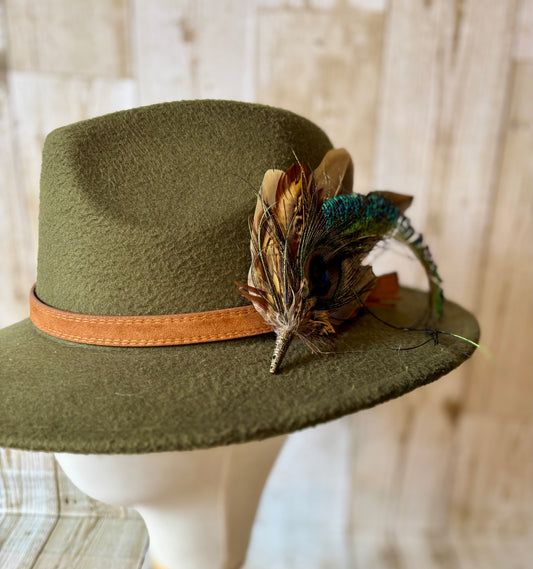 Pheasant feather and peacock feather pin.