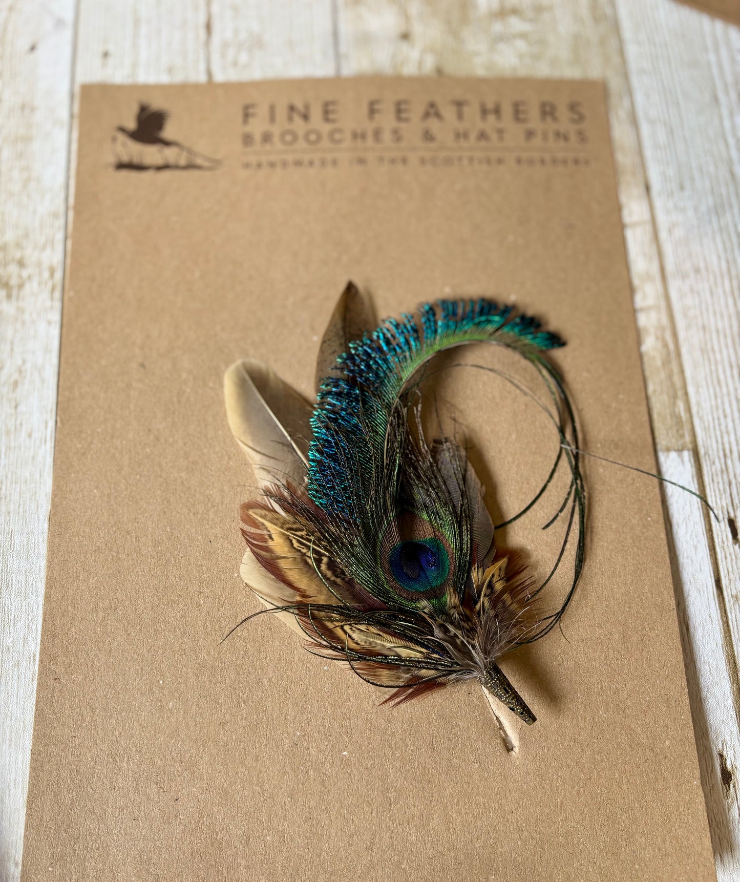Pheasant feather and peacock feather pin.