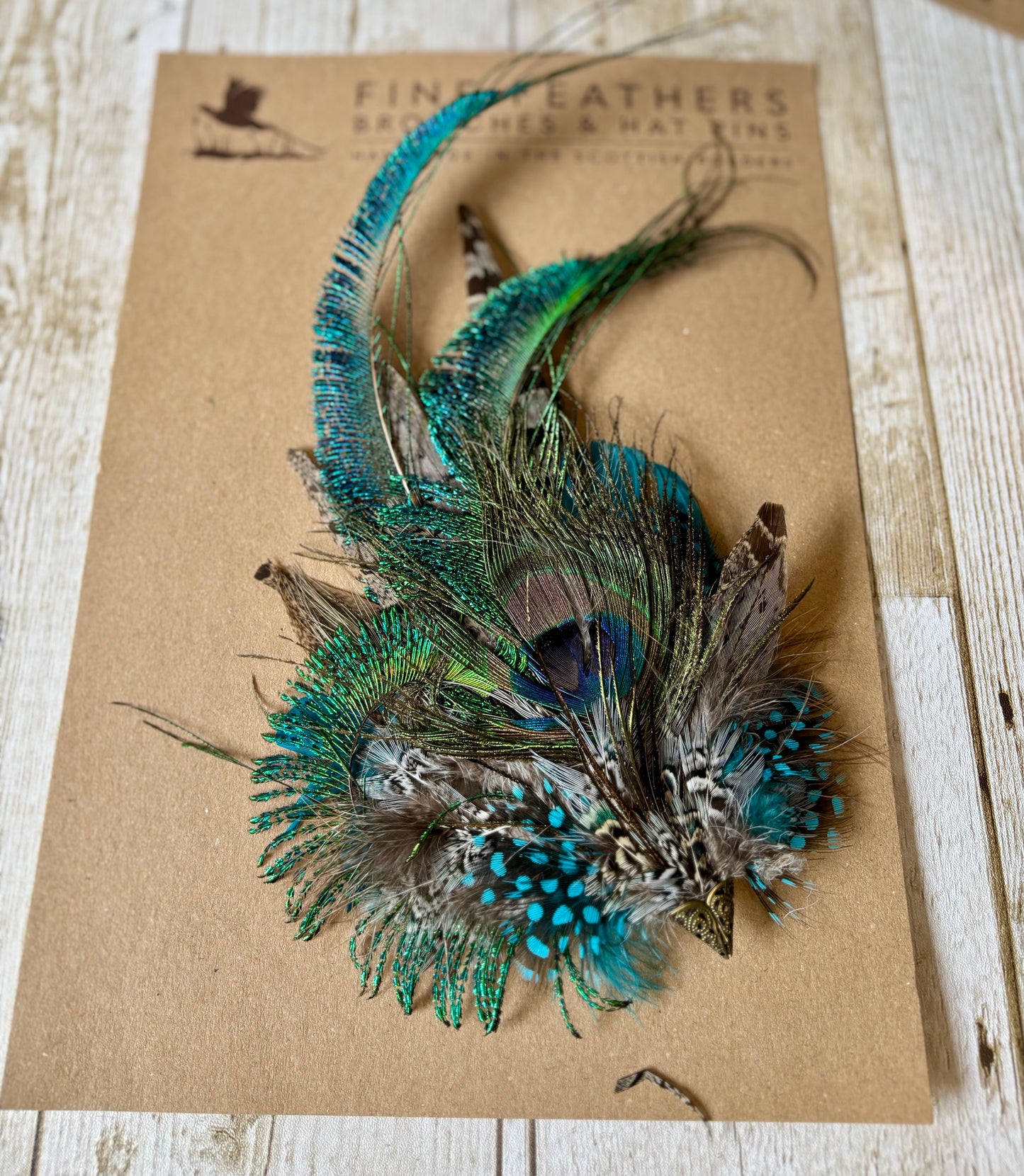 Pheasant feather and peacock feather pin.