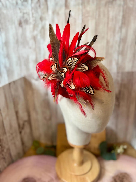 Uniquely designed pheasant feather and sinamay fascinator