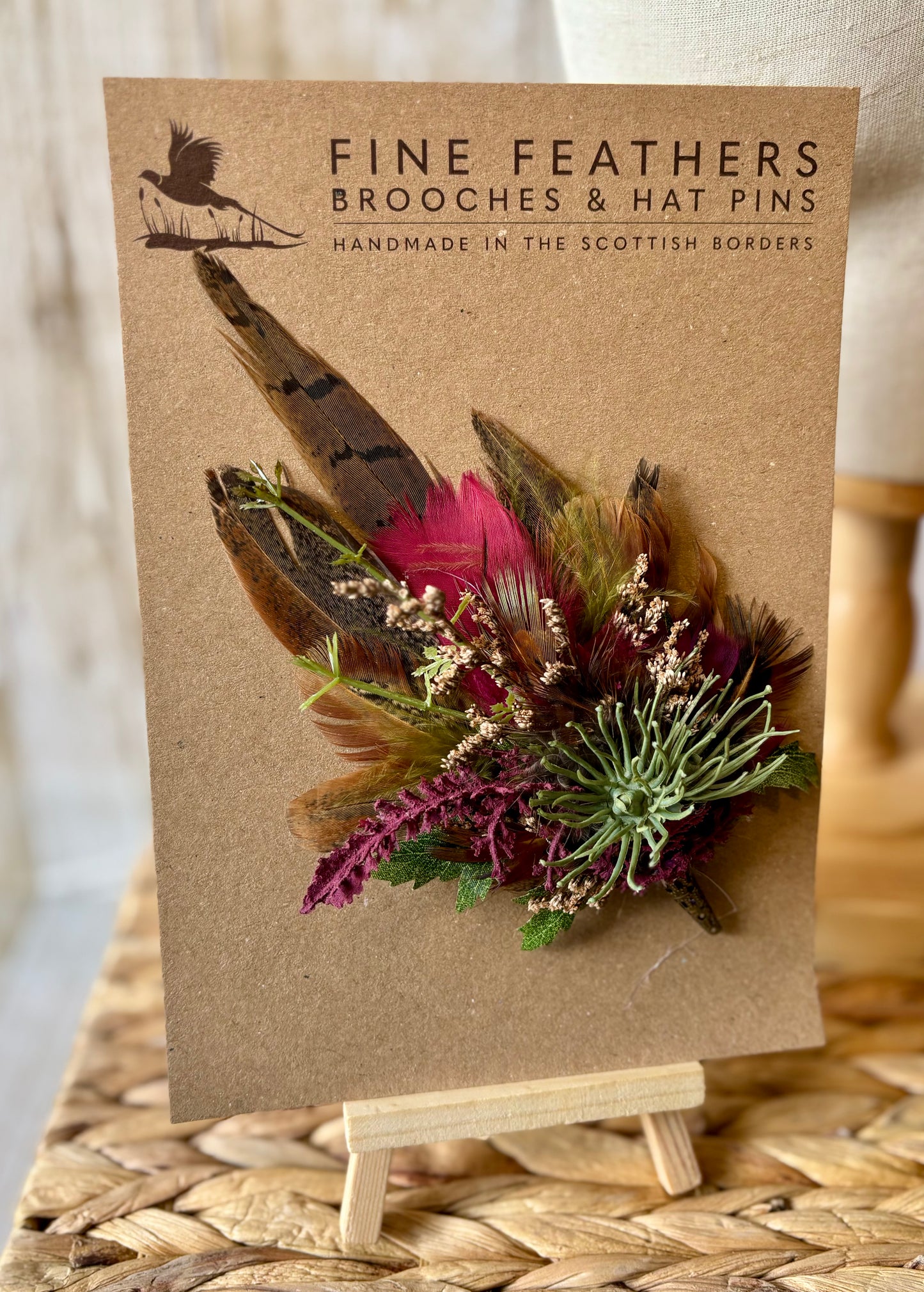 Fascinator & Matching Pin in Natural Pheasant, Burgundy & Green
