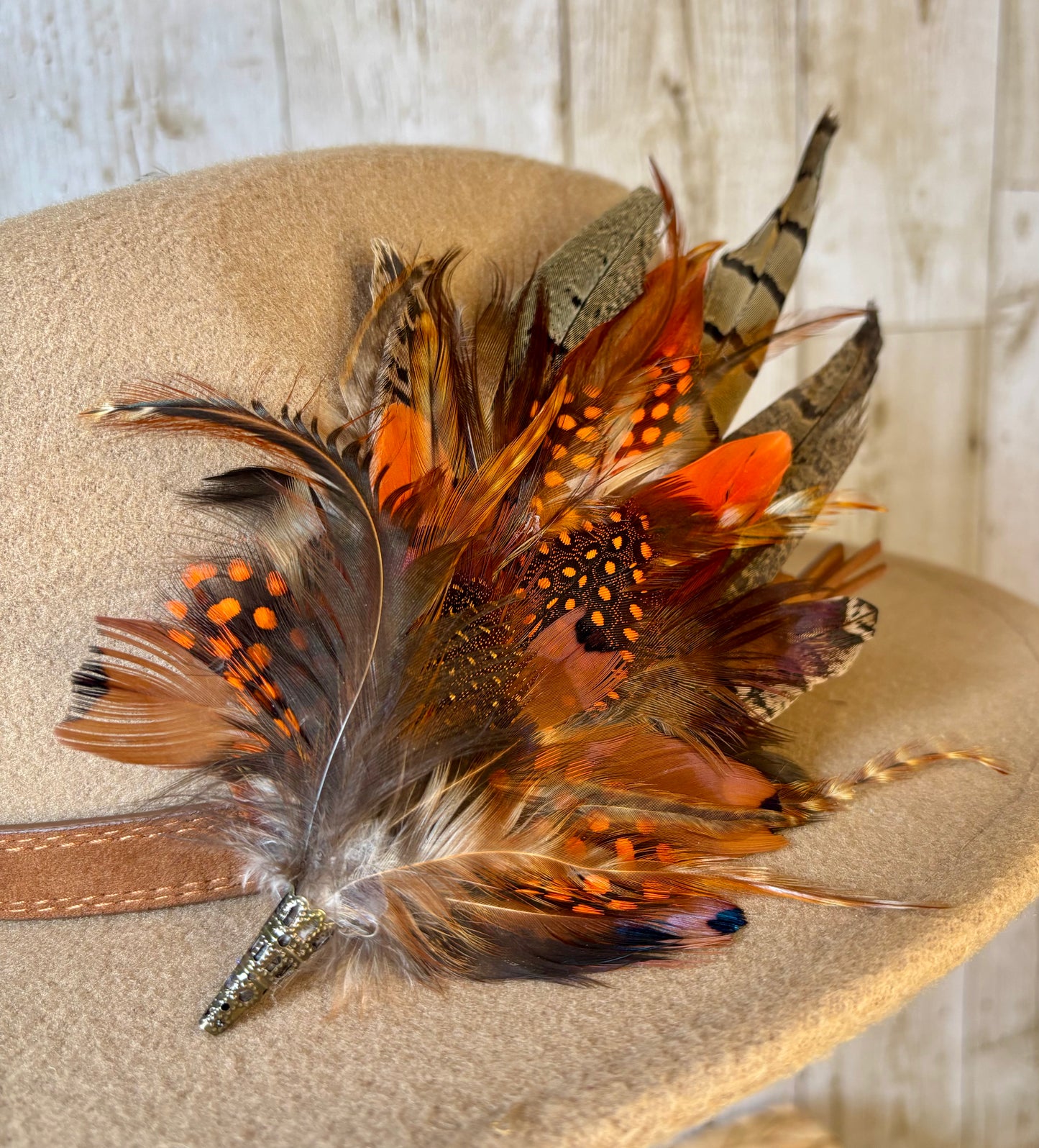 Feather Hat Pin in  Natural Pheasant & Burn Orange