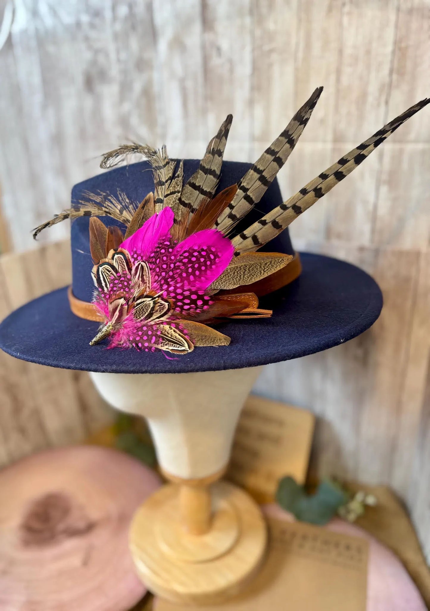 Feather Brooch or Hat Pin in natural pheasant and pink