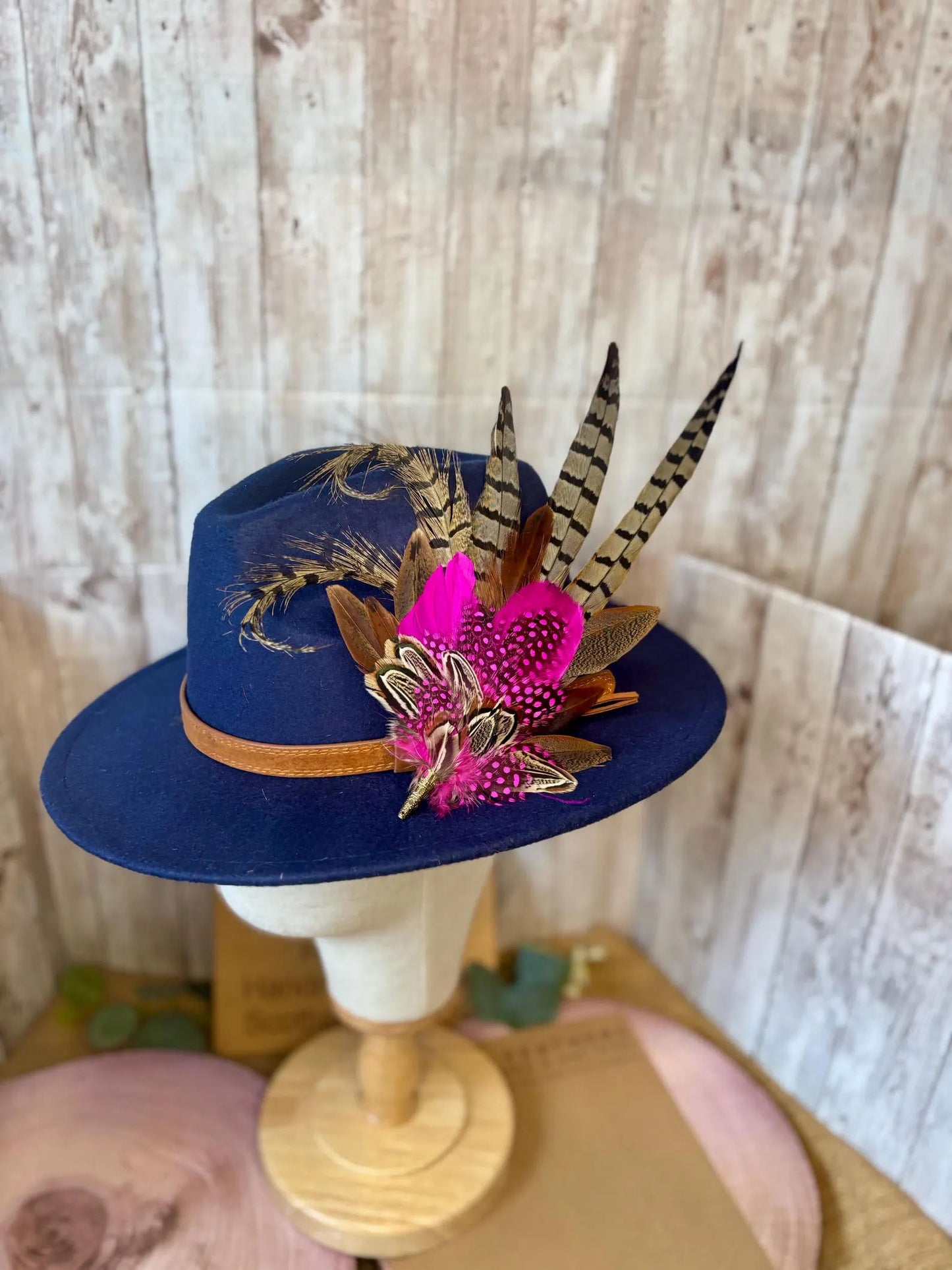 Feather Brooch or Hat Pin in natural pheasant and pink