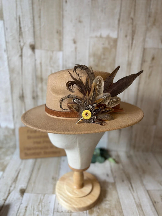 Feather Brooch or Hat Pin with brass cartridge casing