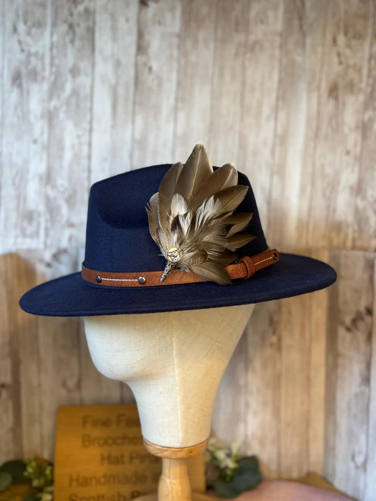 Feather Brooch or Hat Pin with duck feathers and horse button detail