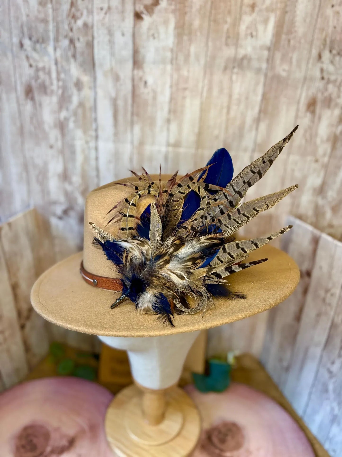 Feather Hat Pin in natural pheasant and navy blue