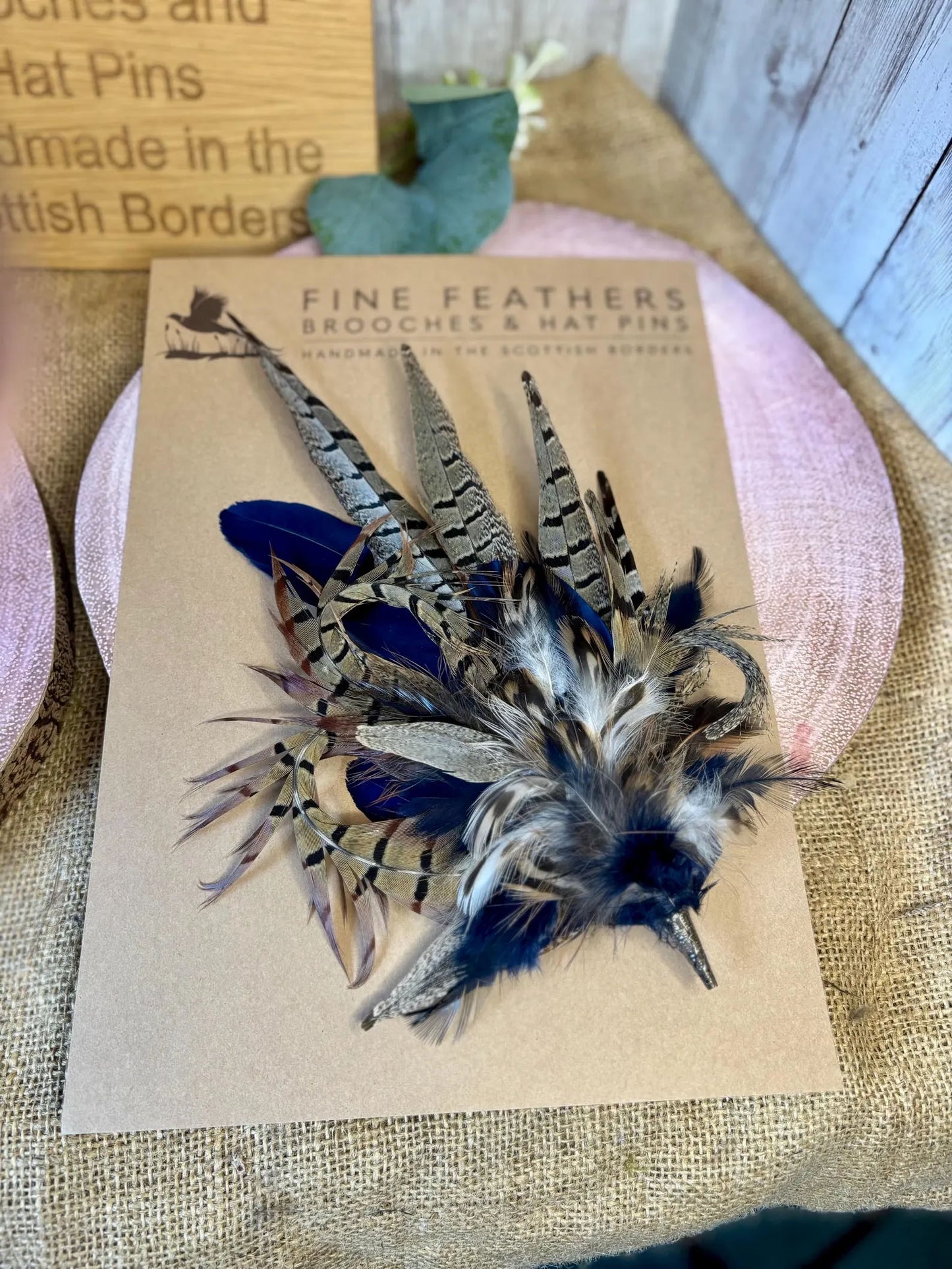 Feather Hat Pin in natural pheasant and navy blue