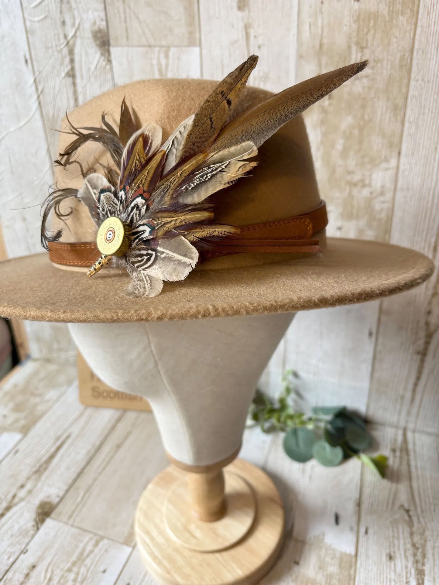 Feather Hat Pin in natural pheasant with cartridge casing