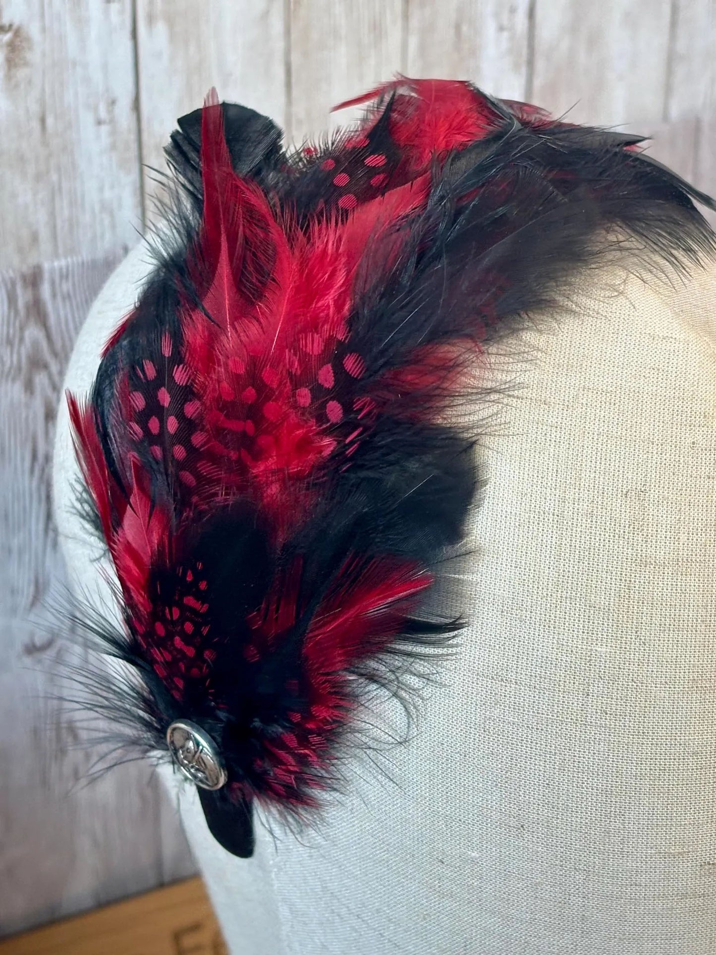 Feather Head Band in black and deep red, horse detail button