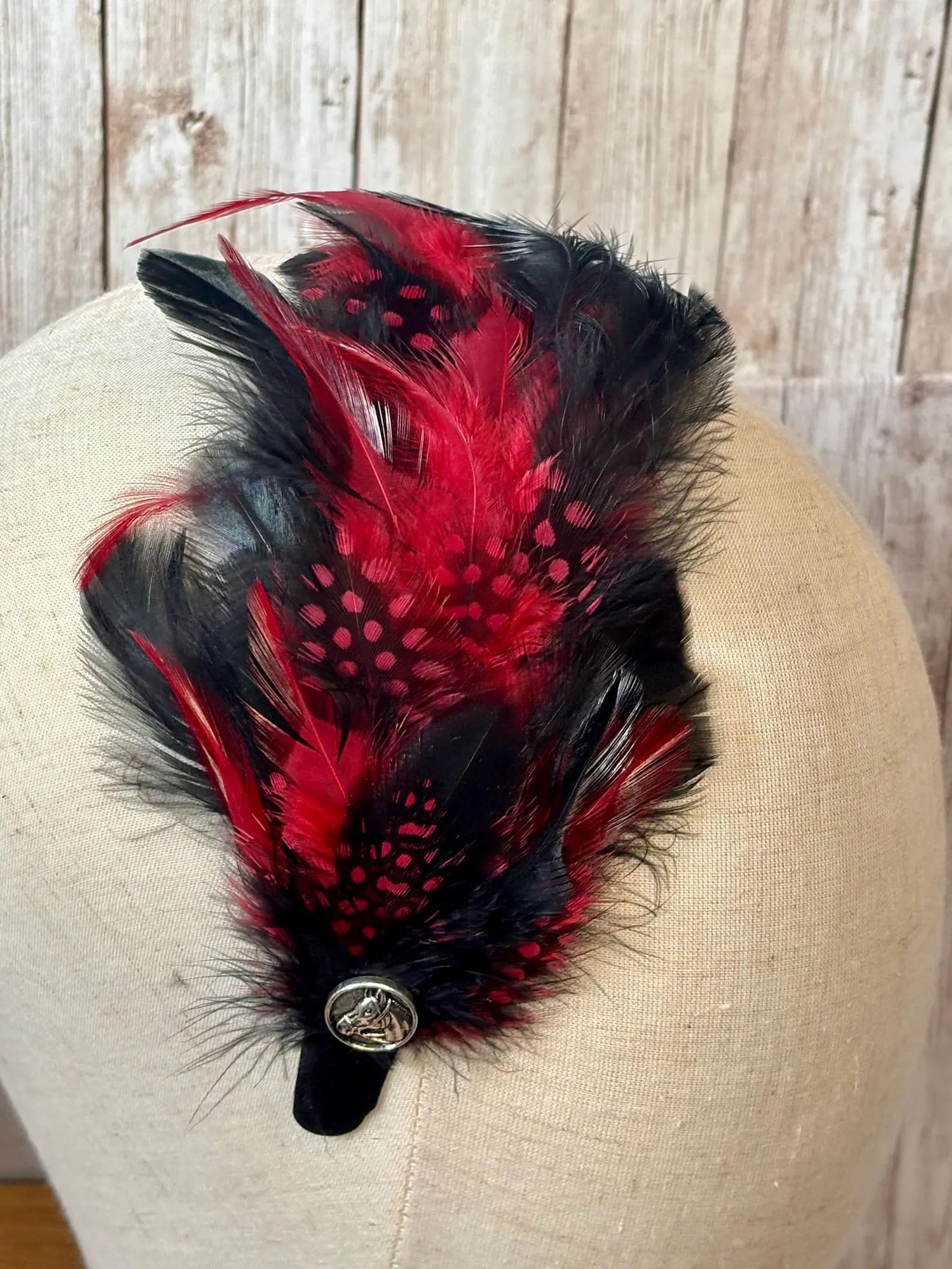 Feather Head Band in black and deep red, horse detail button