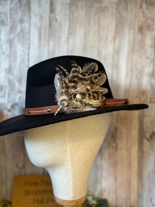 Feather Brooch or Hat Pin in grey and black with horse head button