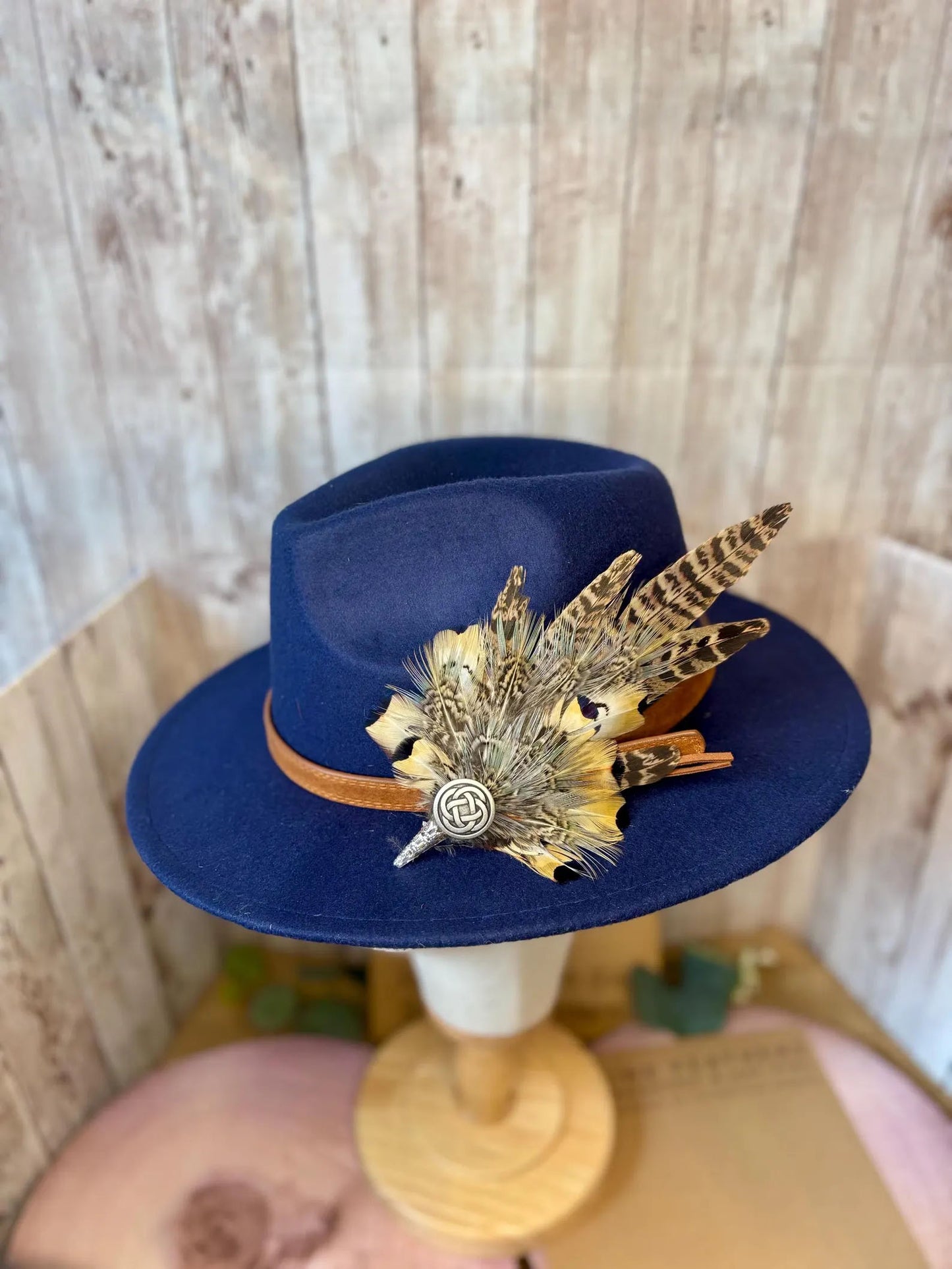 Feather Hat Pin in natural pheasant with Celtic button