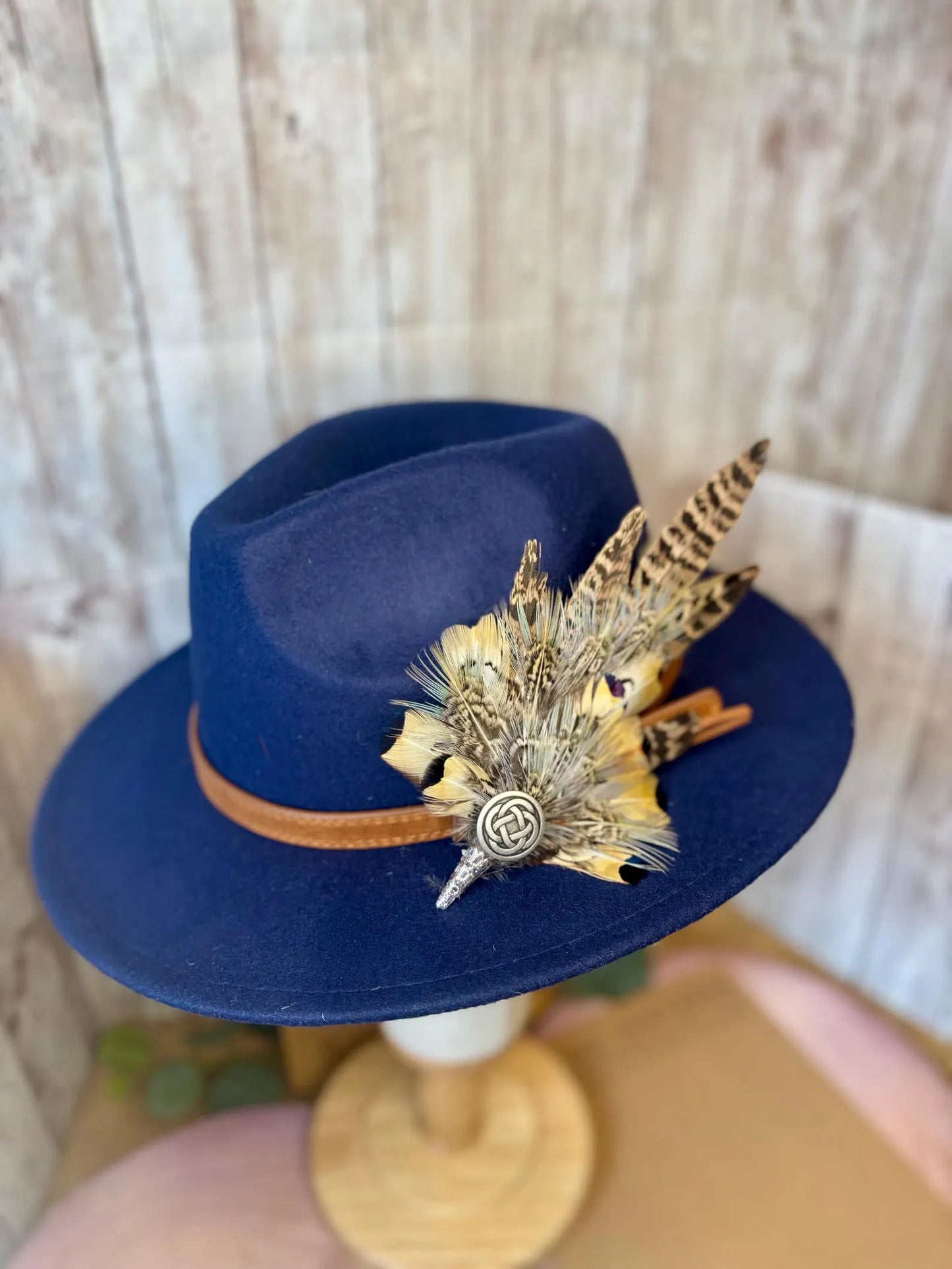 Feather Hat Pin in natural pheasant with Celtic button