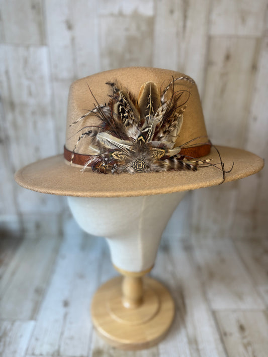 Pheasant feather hat pin with Celtic button.