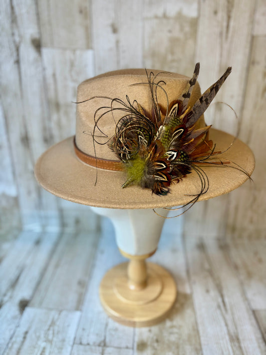Pheasant feather hat pin with sage green.
