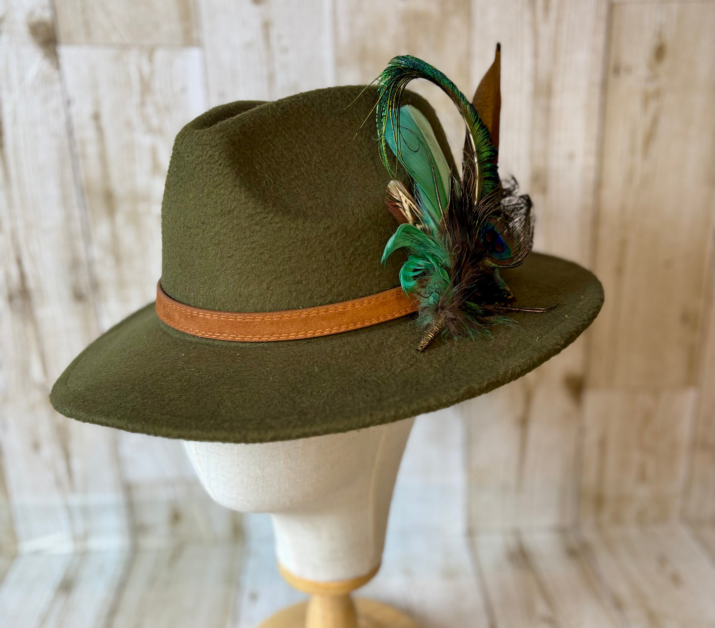 Pheasant feather and peacock feather pin.