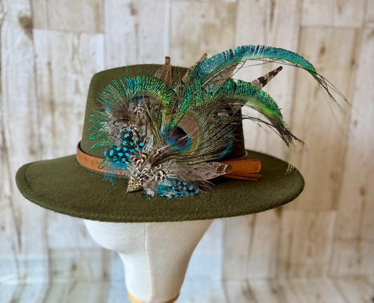 Pheasant feather and peacock feather pin.